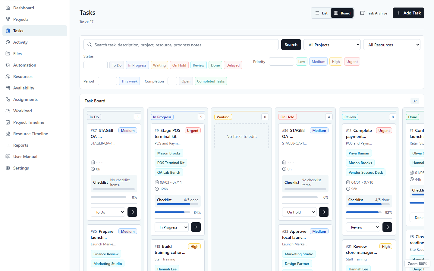 UnitDeck Kanban board organizing work by status