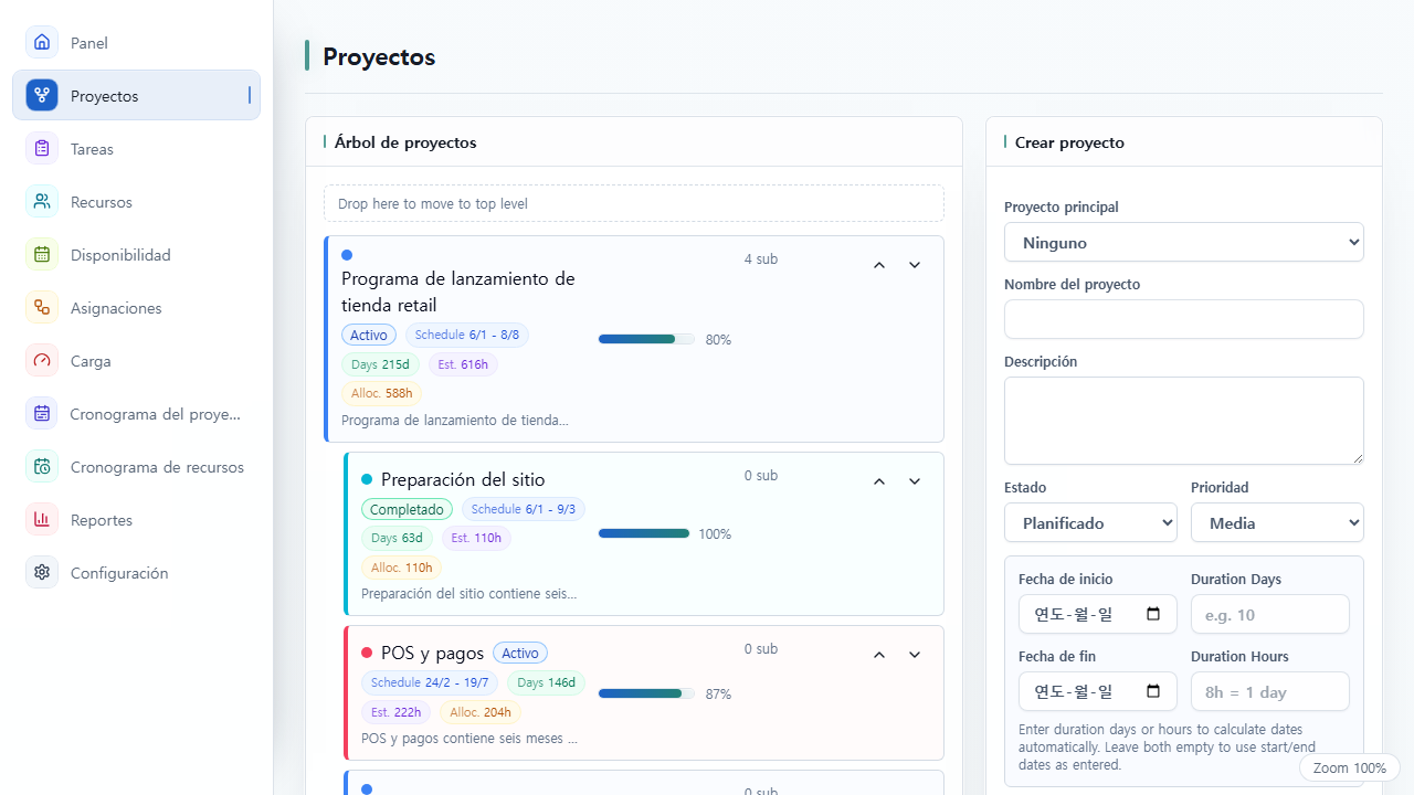 Vista de Proyectos de UnitDeck con la jerarquía y el progreso de los proyectos