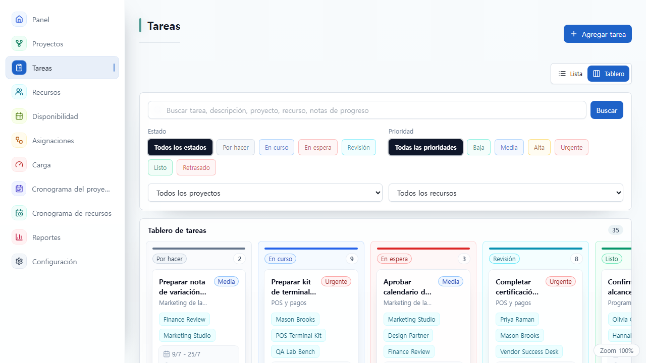 Tablero de tareas de UnitDeck organizado en columnas de estado