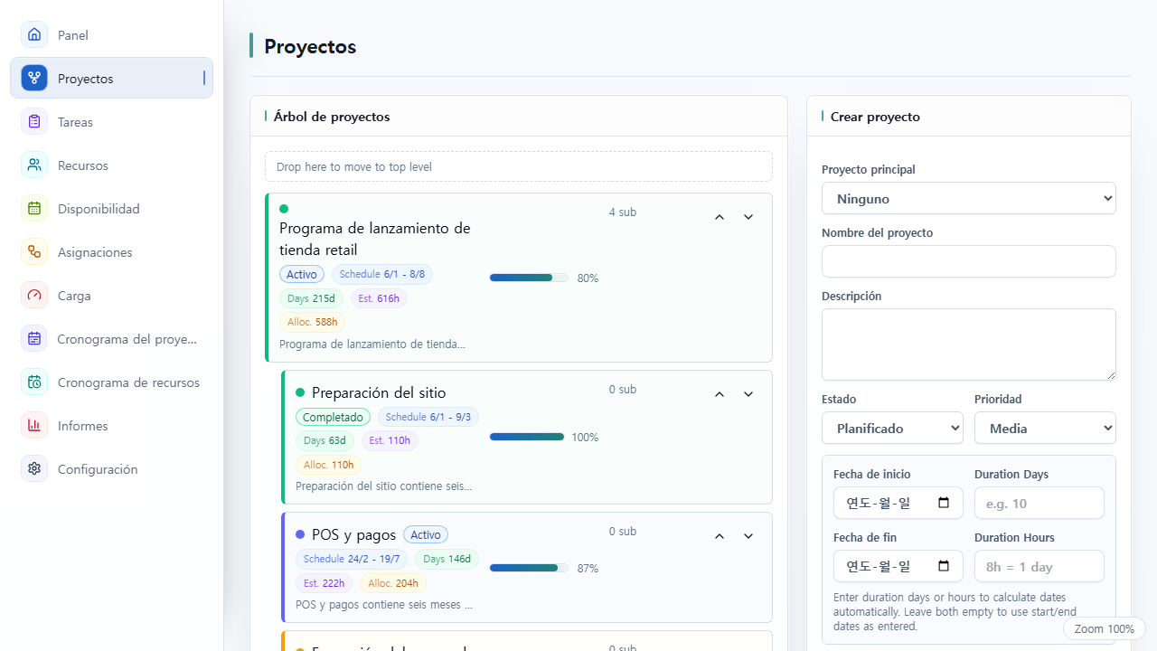 Vista de Proyectos de UnitDeck con la jerarquía y el progreso de los proyectos