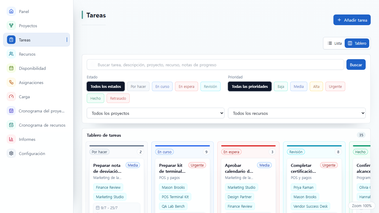 Tablero de tareas de UnitDeck organizado en columnas de estado