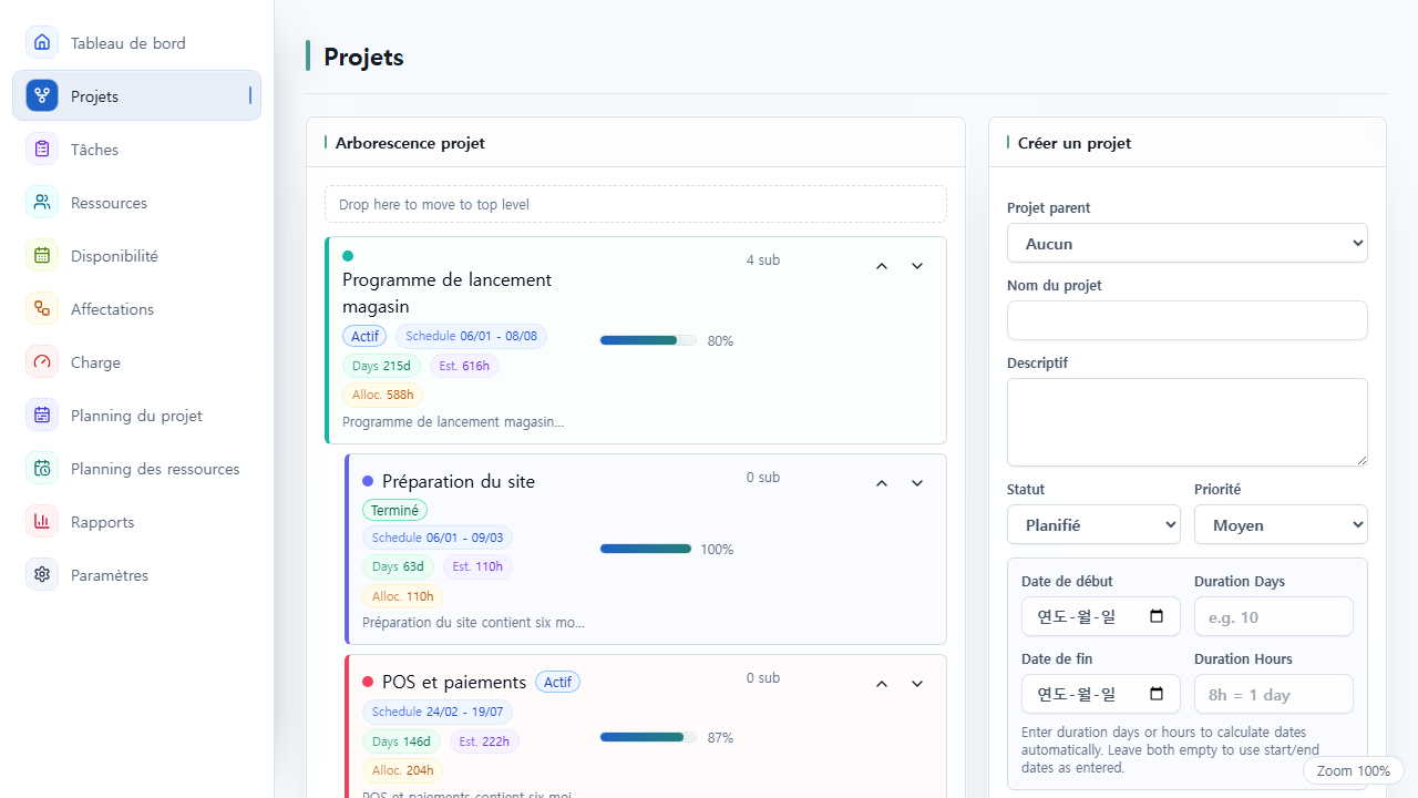 Vue Projets de UnitDeck montrant la hiérarchie et la progression des projets