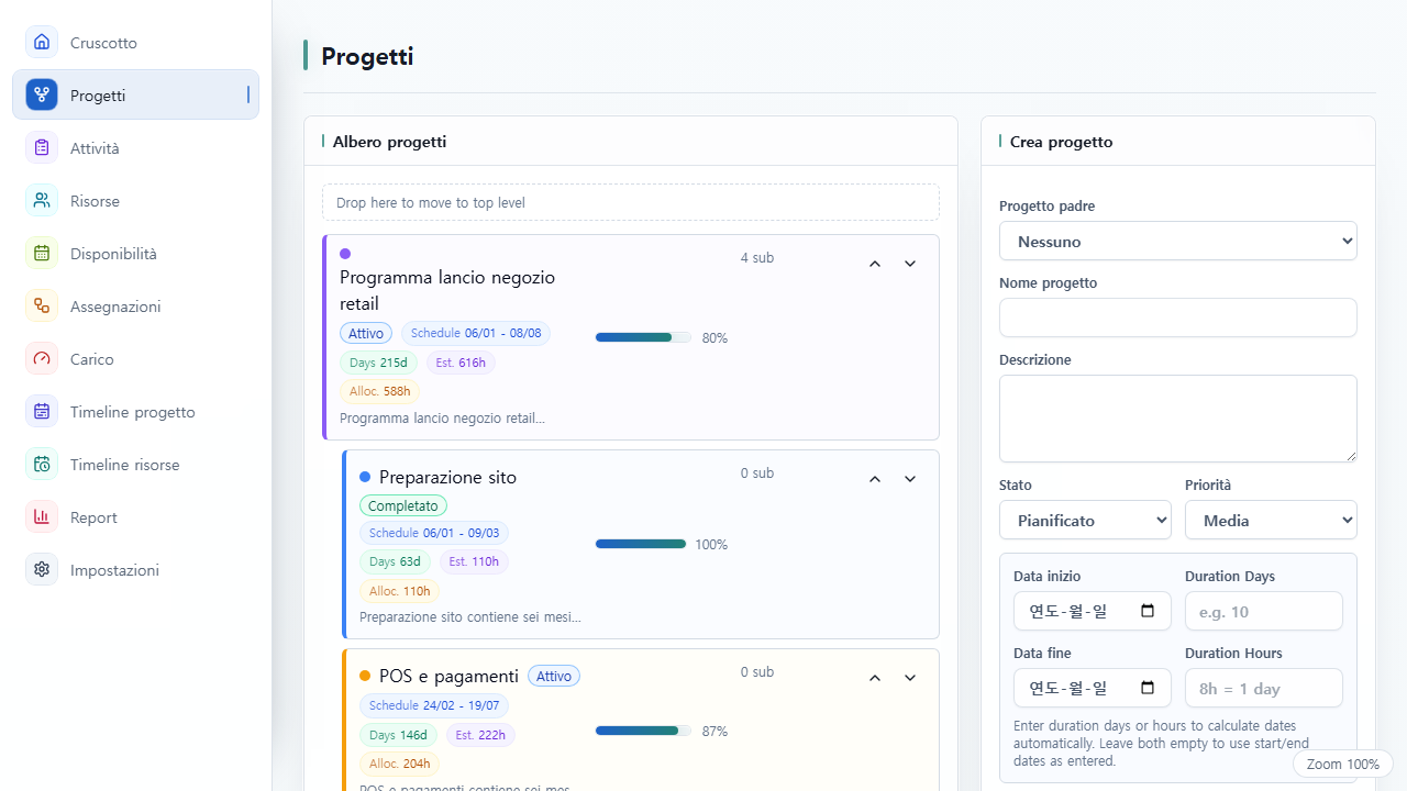 Vista Progetti di UnitDeck con gerarchia e avanzamento dei progetti