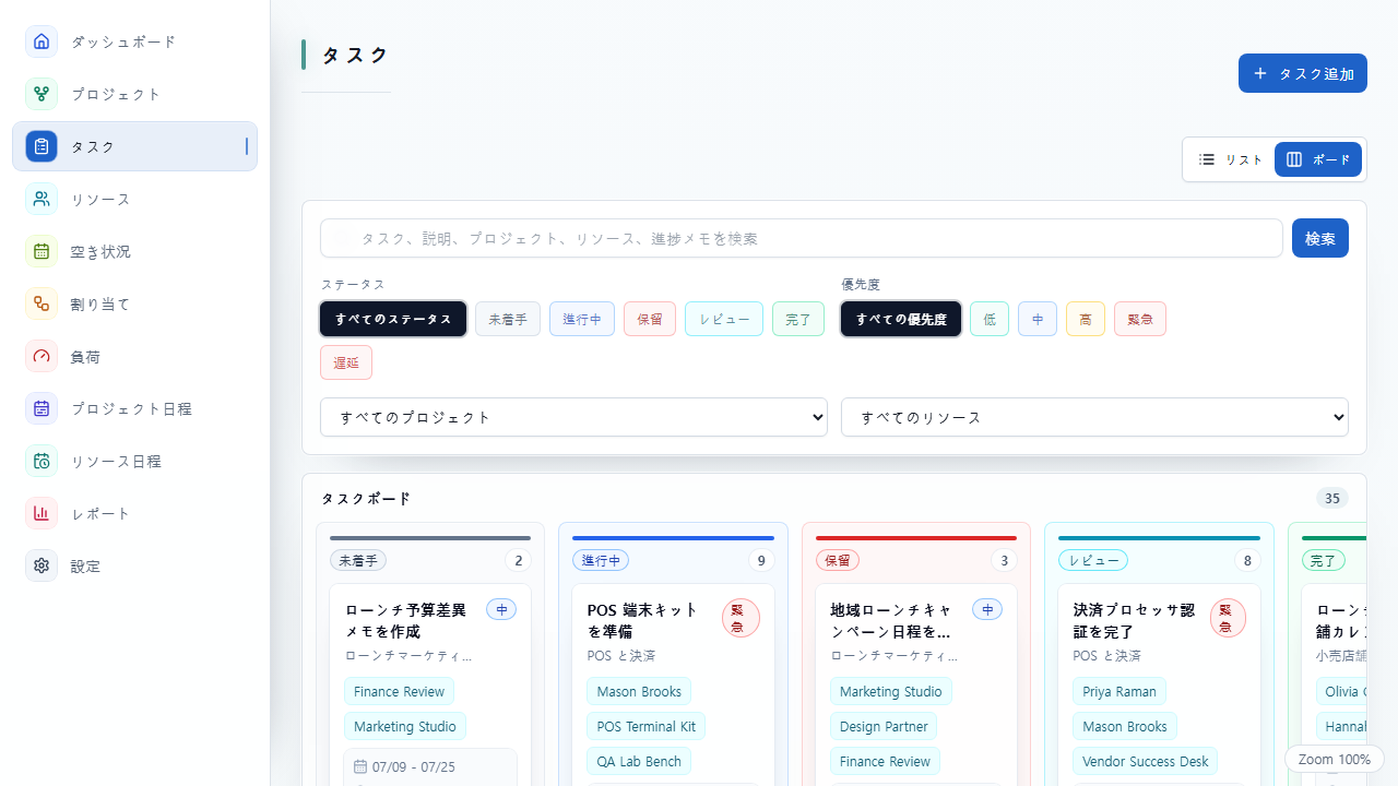 ステータス別の列で整理された UnitDeck タスクボード