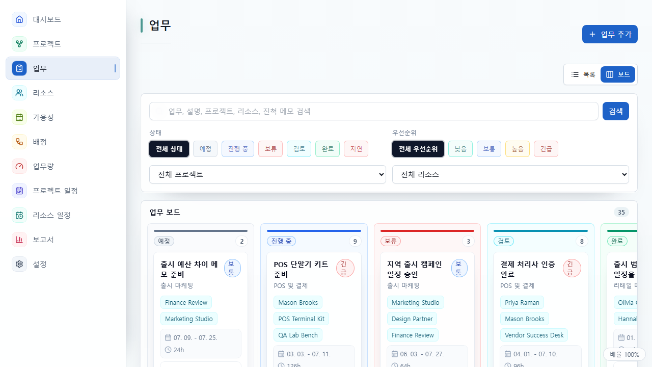 업무 상태를 열로 구분한 UnitDeck 업무 보드 화면