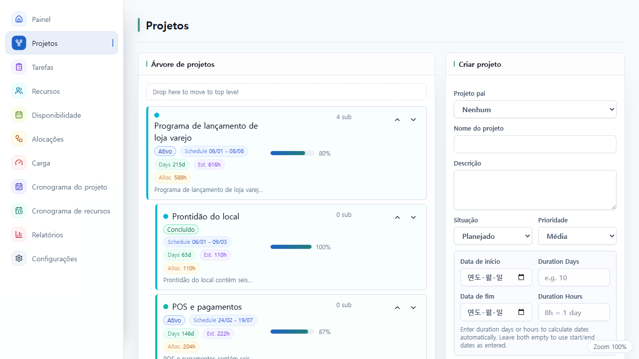 Visão de Projetos do UnitDeck com a hierarquia e o progresso dos projetos