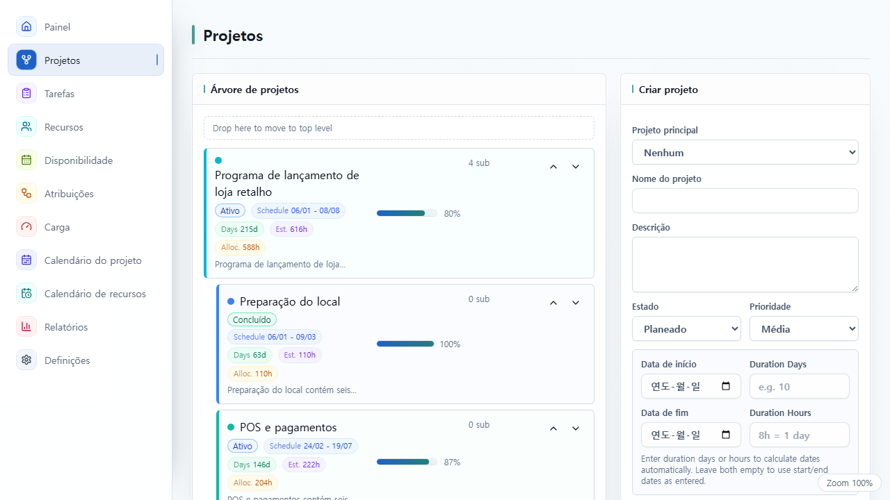 Vista de Projetos do UnitDeck com a hierarquia e o progresso dos projetos