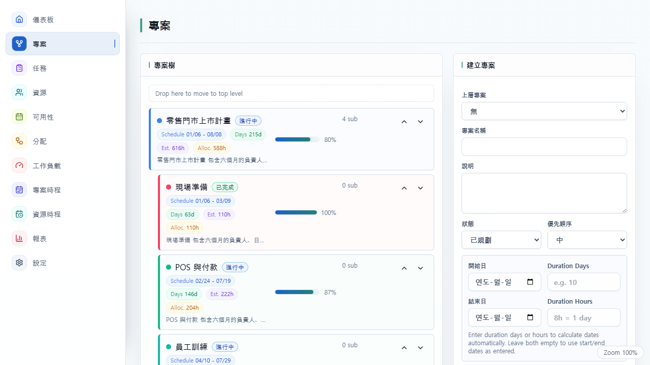 顯示專案階層與進度的 UnitDeck 專案畫面